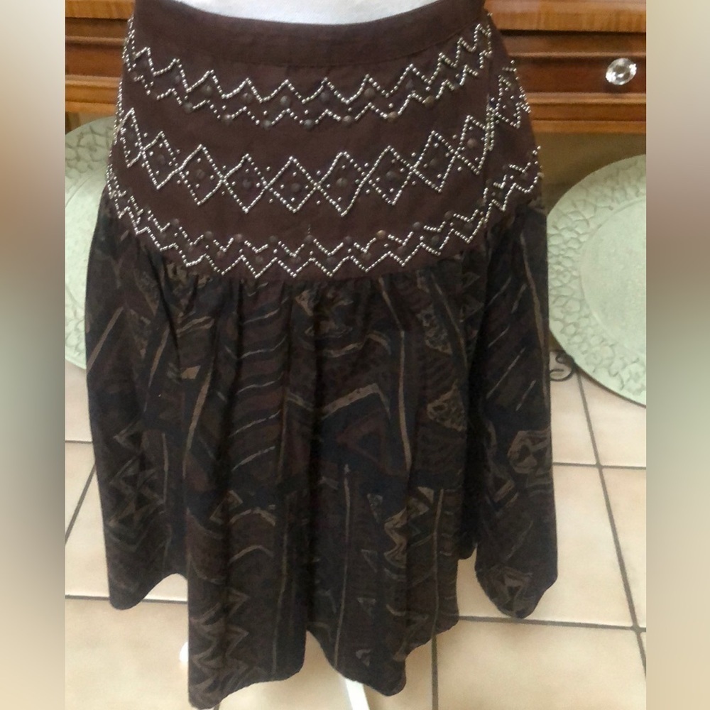 Willi Smith Women SouthWestern Flare Silver & Brass Bead Embellished Midi Skirt